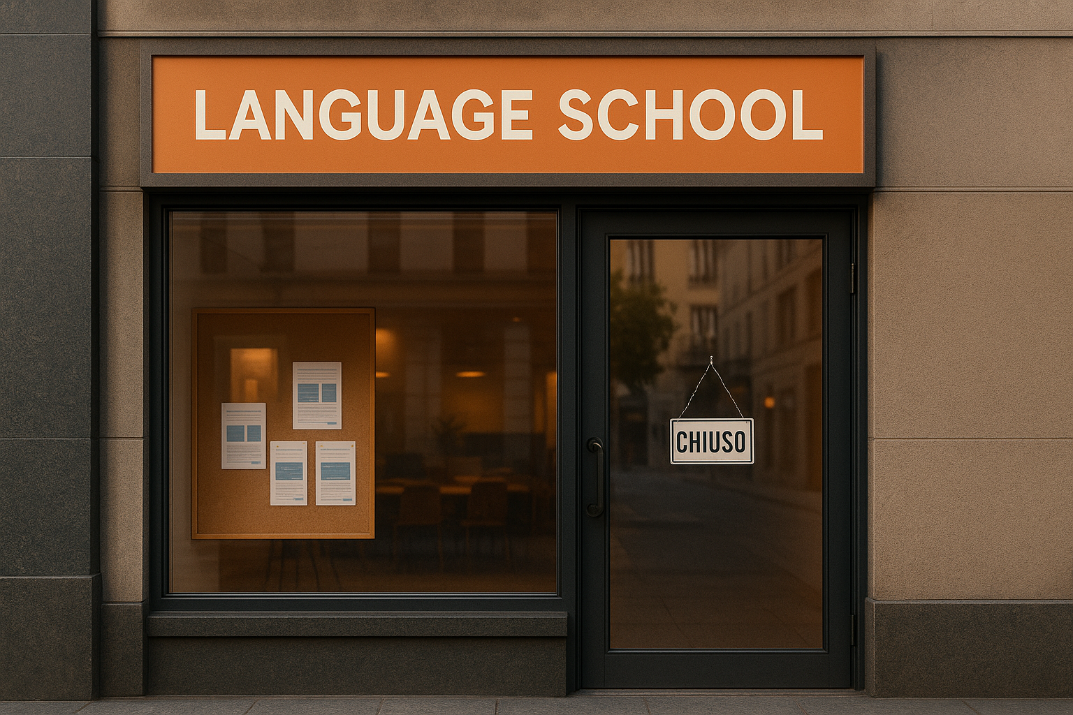 Insegna di una scuola di lingue in franchising con porta chiusa, simbolo dei rischi da valutare prima di aprire