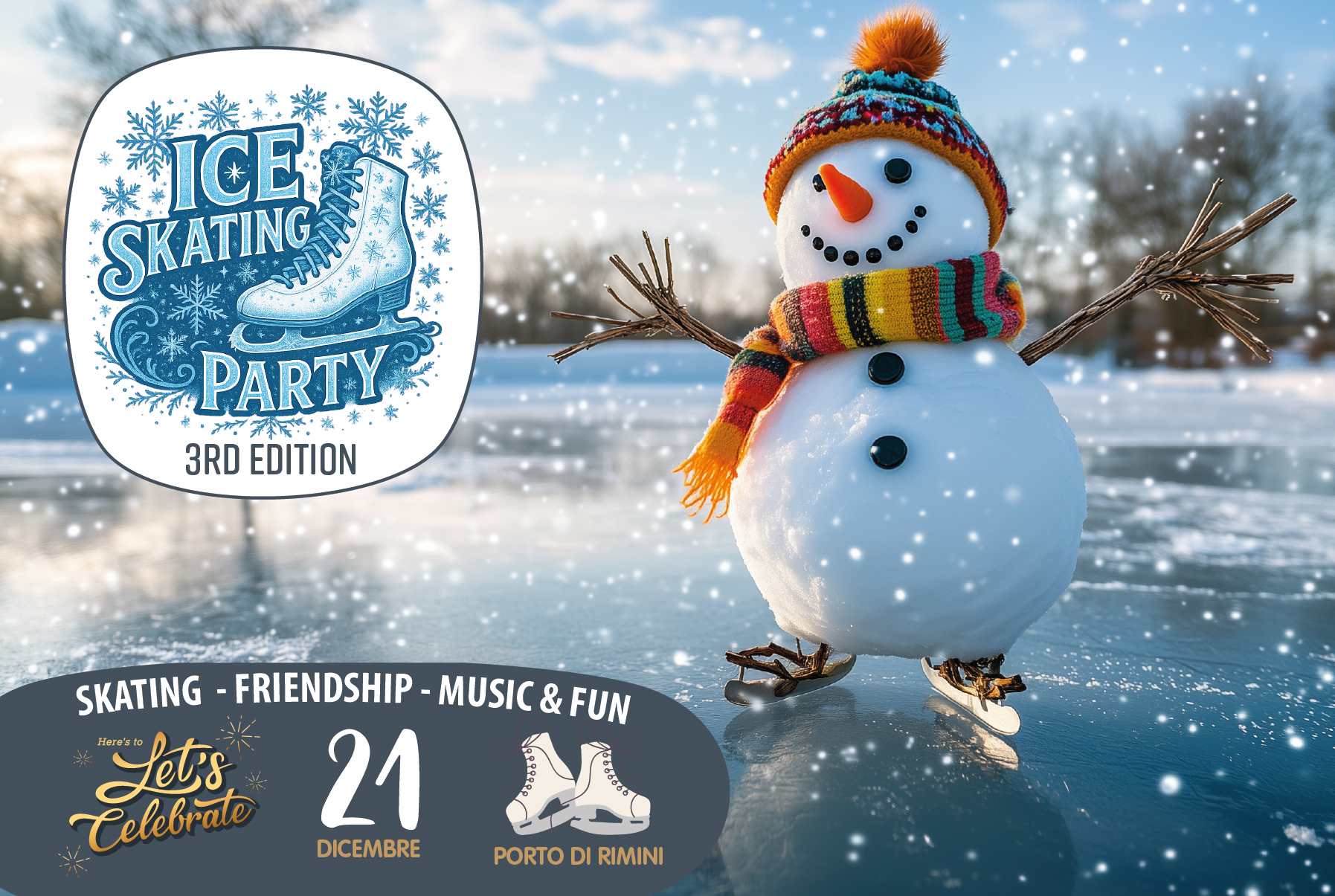 Bambini che pattinano sul ghiaccio durante l’Ice Skating Party 2025 al Porto di Rimini